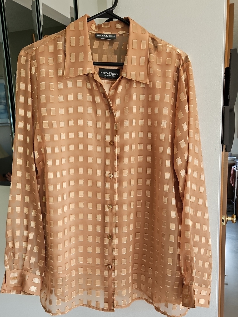 NOTATIONS Sheer Gold Geometric Grid Button-Up Blouse Size Large